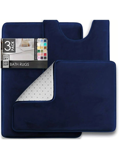 3PC Velvet Memory Foam Bathroom Rug Set - Ultra Soft, Non-Slip, Quick-Dry Machine Washable Bath Mats