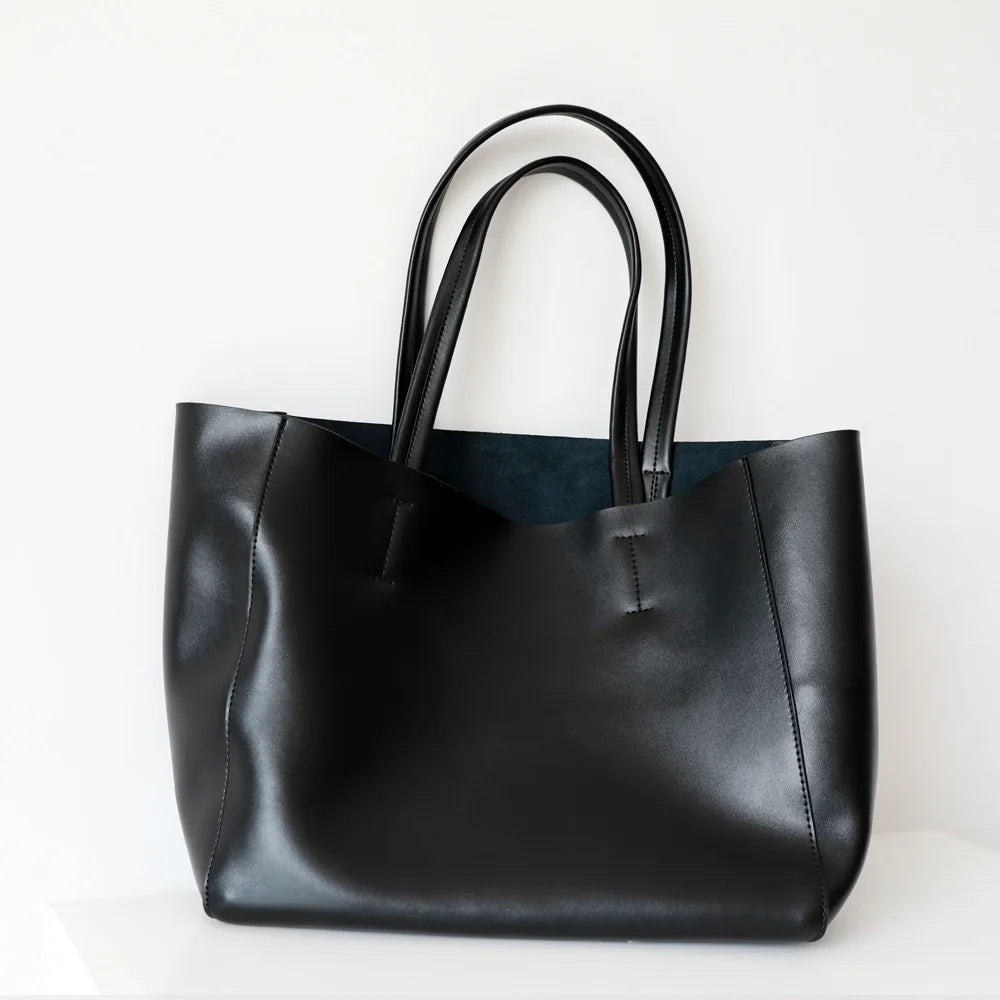 Customizable Name Large Capacity Commuter Bag – 100% Genuine Leather Soft Tote, Single Shoulder & Diagonal Shopping Bag