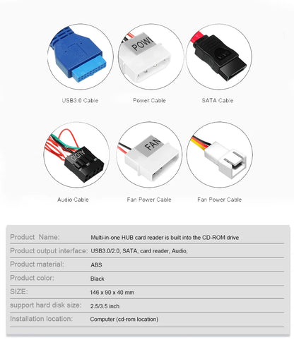 DeepFox 5.25" Media Dashboard Card Reader – USB 2.0/3.0, e-SATA, SATA Front Panel for Optical Drive Bays