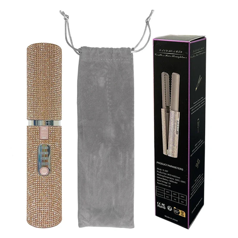 2-in-1 Wireless Hair Straightener & Curler – USB Rechargeable Diamond Design Styling Brush for Travel & Home