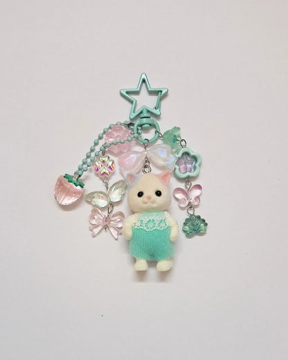 Caramel Cat Flocked Plush Keychain - Super Cute Animal Family Bag Charm & Accessory
