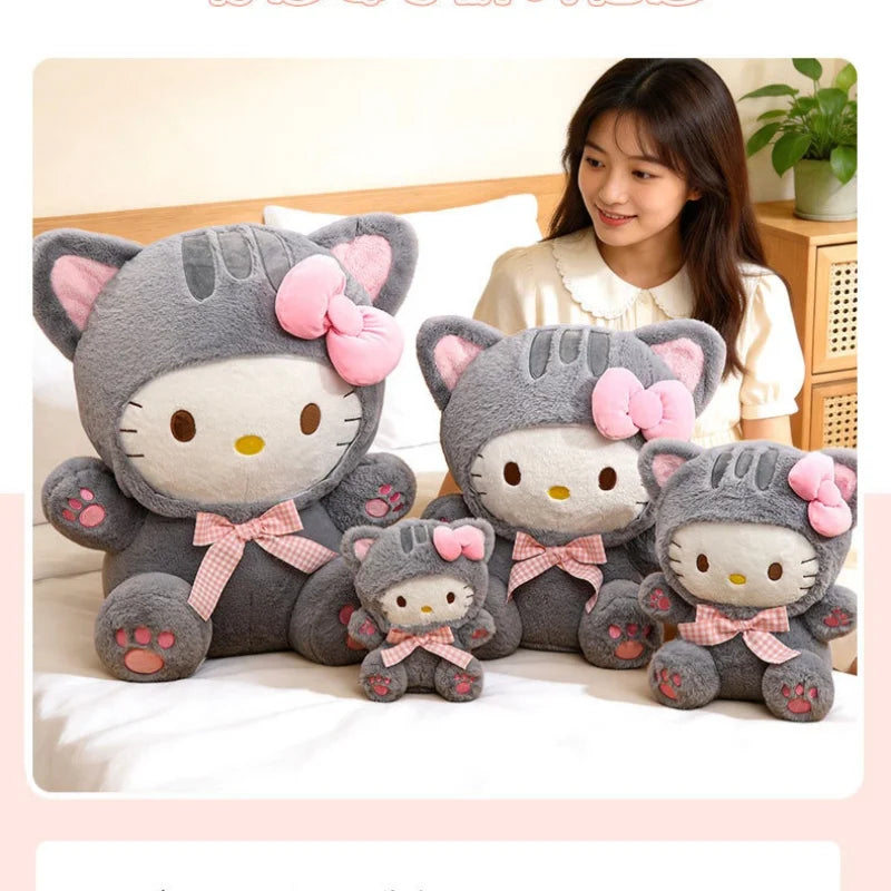 Cute Grey Cat Hello Kitty Plush Doll - Checkered Bow Stuffed Toy, Soft Pillow & Home Decoration Gift, 20–60 cm