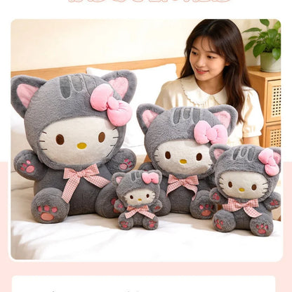 Cute Grey Cat Hello Kitty Plush Doll - Checkered Bow Stuffed Toy, Soft Pillow & Home Decoration Gift, 20–60 cm