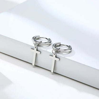 Stainless Steel Cross Charm Earrings - Men's Fashion Jewelry