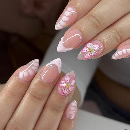 24Pcs French Press On Nails - Almond Fake Nail Tips with Glue, White Edge Design & Pink Stiletto Style Manicure Set