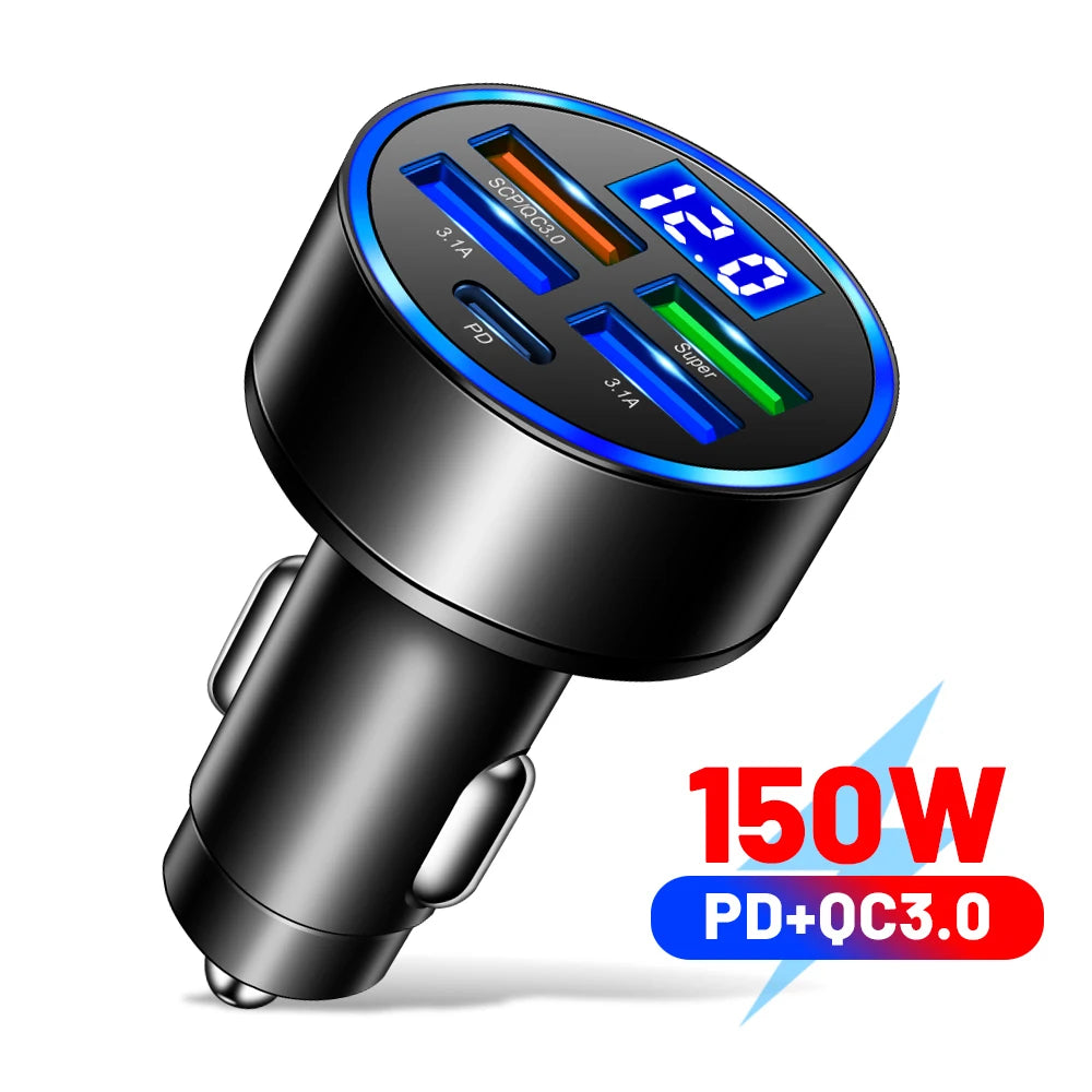 66-250W PD Car Charger – QC3.0 Fast Charge, 1-to-6 Cigarette Lighter Plug with Digital Display