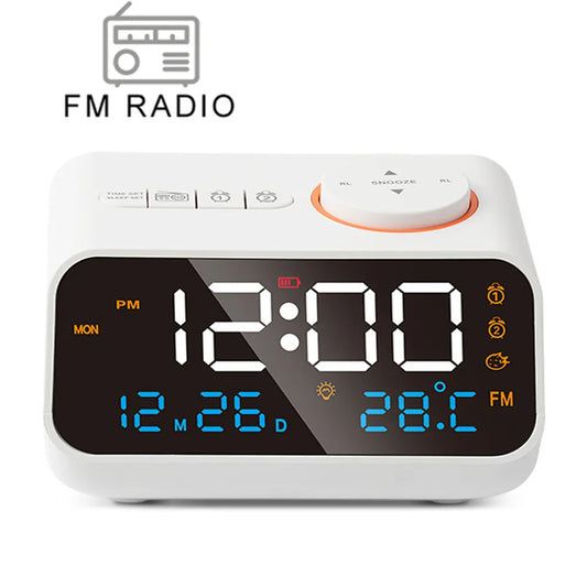 FM Radio, LED Alarm Clock, and Digital Table Calendar with Temperature, Thermometer, and Humidity Hygrometer for Bedside Bliss