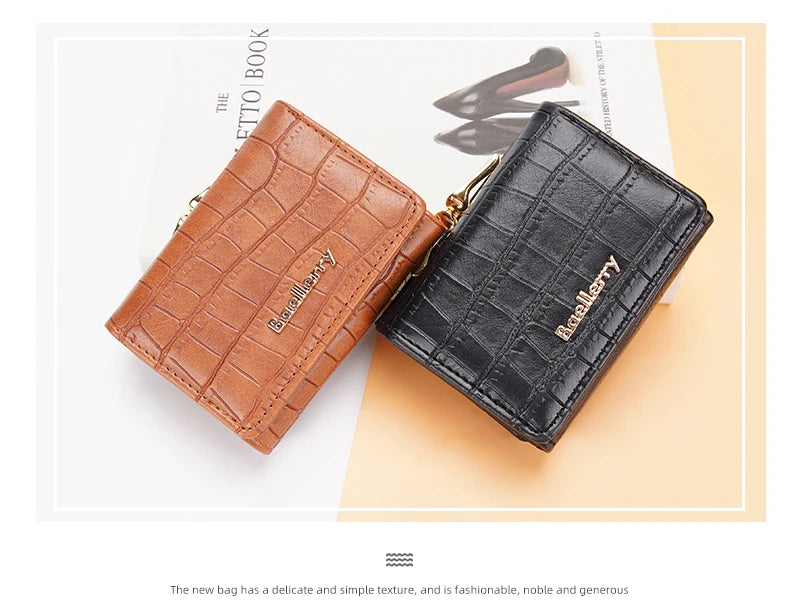 Baellerry Short Women’s Wallet — Crocodile Pattern Coin & Card Holder with Photo Slots, Hasp Purse for Girls