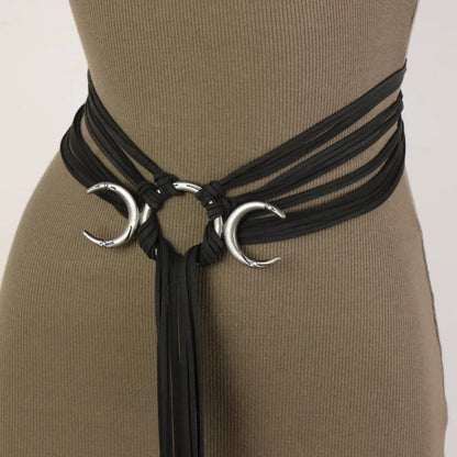 Bohemian PU Waist Belt - Vintage Moon Tassel Woven Tie Belt for Women