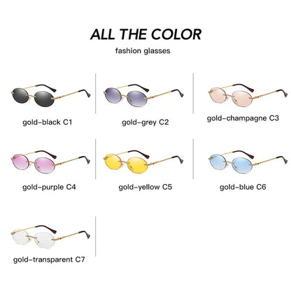 Retro Oval Rimless Sunglasses – Blue Mirror Gold Metal UV400 for Men & Women