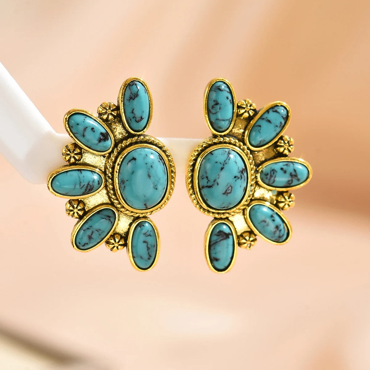 Vintage Tribal Gemstone Earrings - Women's Ethnic Style Rose Red Blue Fashion Jewelry Gift