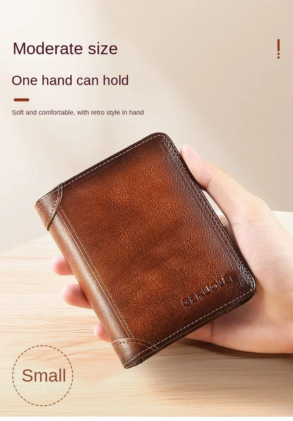 Genuine Leather Men’s Wallet – RFID Blocking Trifold, Vintage Thin ID & Credit Card Holder, Multi-Function Purse