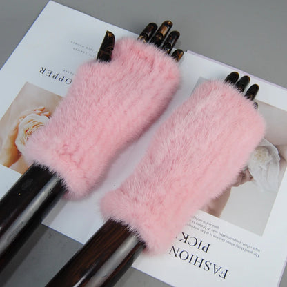 Women’s Winter Mink Fur Gloves – 100% Natural Fingerless Knitted Mittens for Warmth