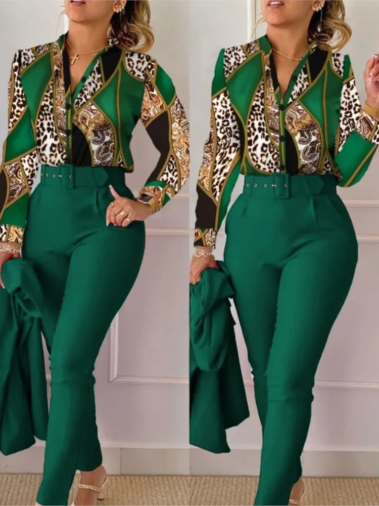 Women’s Autumn Winter Two-Piece Set – Stand Neck Floral Shirt & Pants with Belt, Elegant Casual Outfit