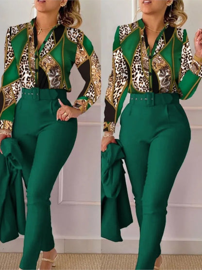 Women’s Autumn Winter Two-Piece Set – Stand Neck Floral Shirt & Pants with Belt, Elegant Casual Outfit