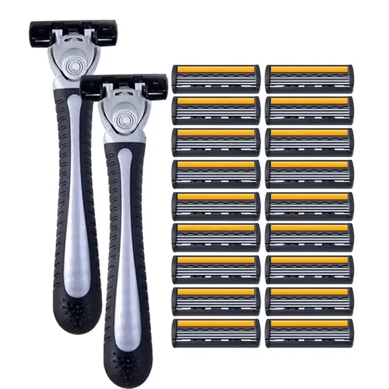 Men’s Reusable Safety Razor with Triple Blades – Anti-Slip Handle, Skin Guard, Travel Shaving Kit Variety Pack