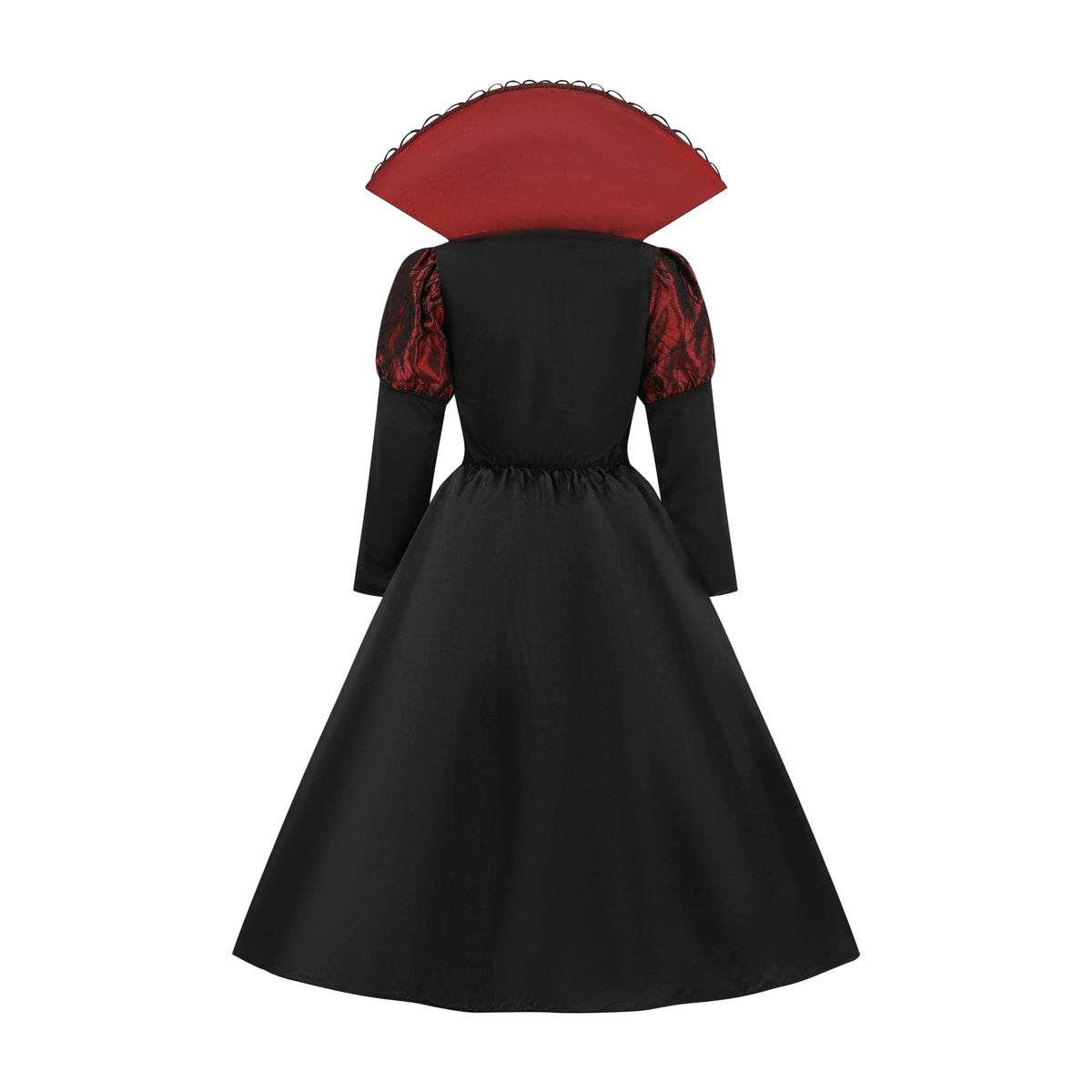 Girls Vampire Queen Costume - Black & Red Vintage Long Dress with Collar for Halloween & Cosplay