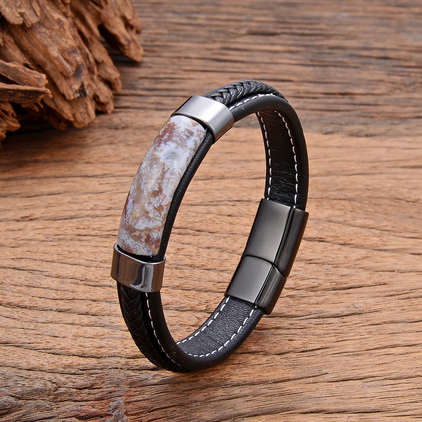 Natural Hematite & Pink Tiger Eye Stone Bracelet – Handmade Braided Leather Men’s Jewelry Bangle 2022