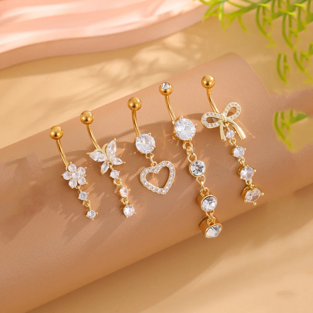 5PCS Belly Button Ring Set – 14G Curved Navel Piercing with Butterfly & Heart Charms, Body Jewelry for Women & Girls