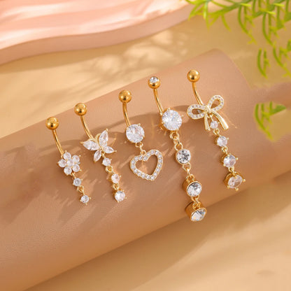 5PCS Belly Button Ring Set – 14G Curved Navel Piercing with Butterfly & Heart Charms, Body Jewelry for Women & Girls