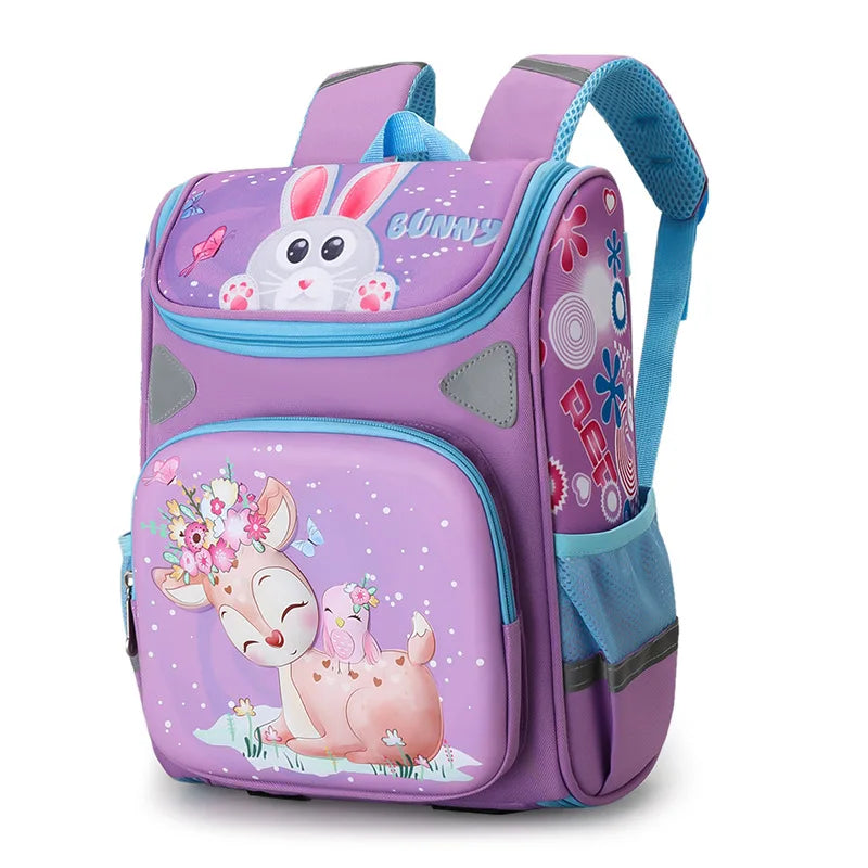 Cute Cartoon Deer Girls School Bag - Princess Purple Nylon Backpack for Primary School Kids