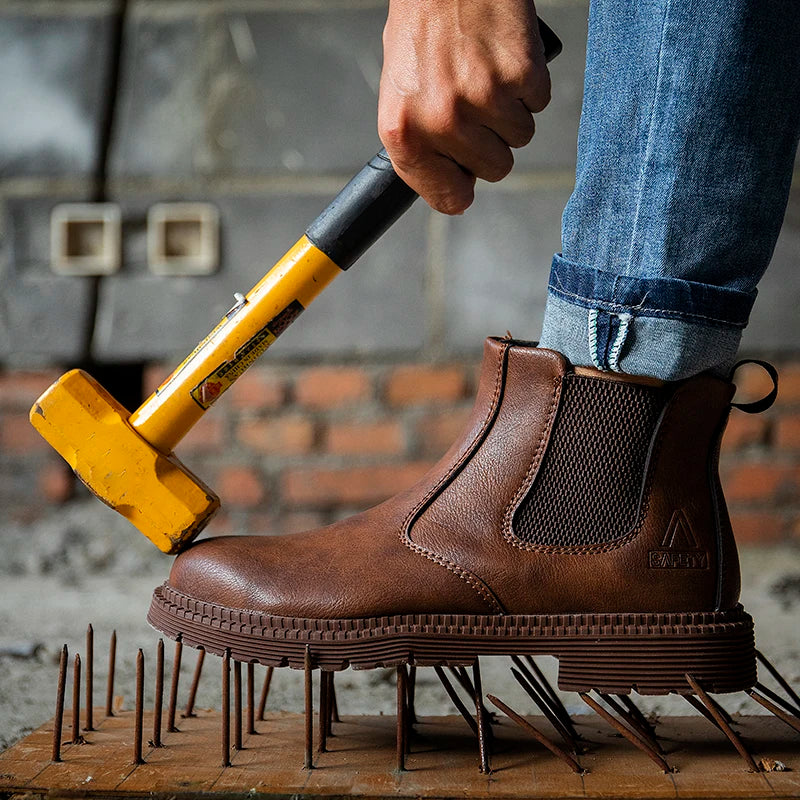 Waterproof Safety Work Shoes for Men – Steel Toe Leather Boots, Indestructible Construction Footwear in Brown