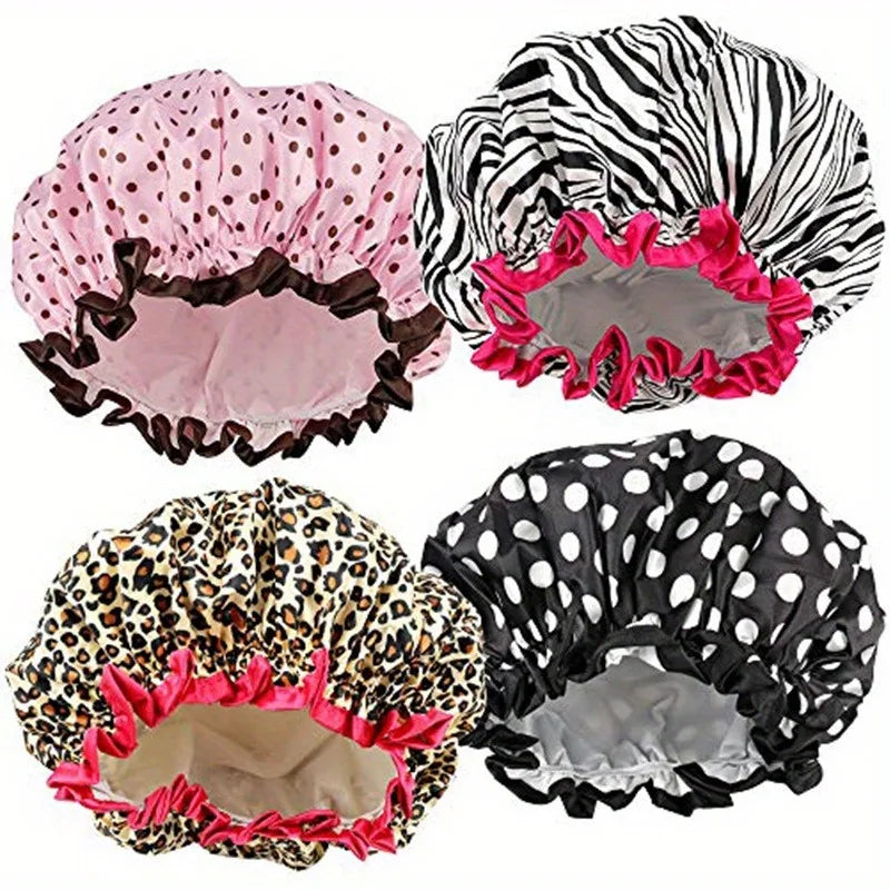 Waterproof Leopard Shower Cap - Double Layer Reusable Hair Cover with Elastic Fit