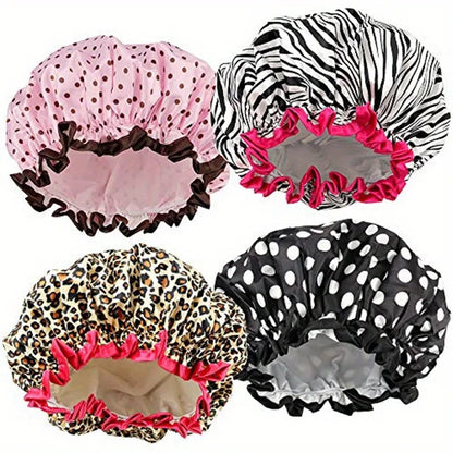 Waterproof Leopard Shower Cap - Double Layer Reusable Hair Cover with Elastic Fit