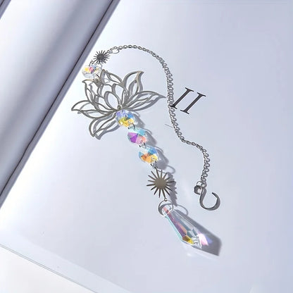 Metal Lotus & Crystal Suncatcher Charm – Handmade Wind Chime Pendant for Home, Garden, and Outdoor Decoration