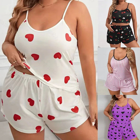 Plus Size Women’s Pajama Set — Sleeveless Heart Print Top & Elastic Waist Shorts, XL–XXXL Sleepwear Nightwear