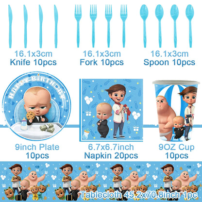 Cartoon Boss Baby Birthday Party Set - Disposable Tableware, Backdrop & Balloons for Kids Baby Shower Decor