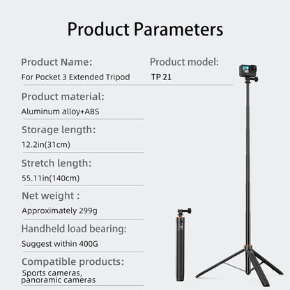 1.38M Selfie Stick Tripod – Adjustable Extension Holder for DJI Action 4, Pocket 3, GoPro, Insta360, DSLR & Phone Photography