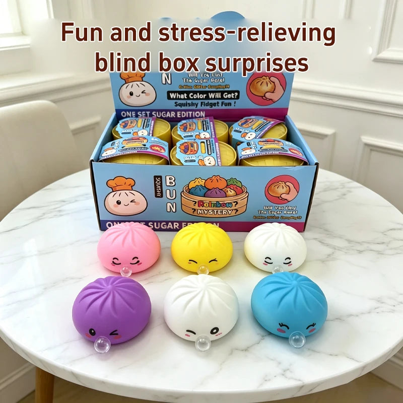 Kawaii Steamed Bun Squishy Set - Soft Bubble-Blowing Stress Relief Squeeze Toy with Steamer Case