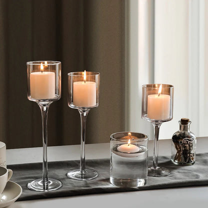 Modern Light Luxury High-Footed Glass Candle Holders – Transparent Wedding Props & Romantic Candle Lights