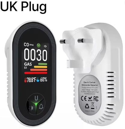FABISENSE 4-in-1 Carbon Monoxide & Gas Detector - Plug-In CO Alarm with Gas Analyzer, Temperature & Humidity Display