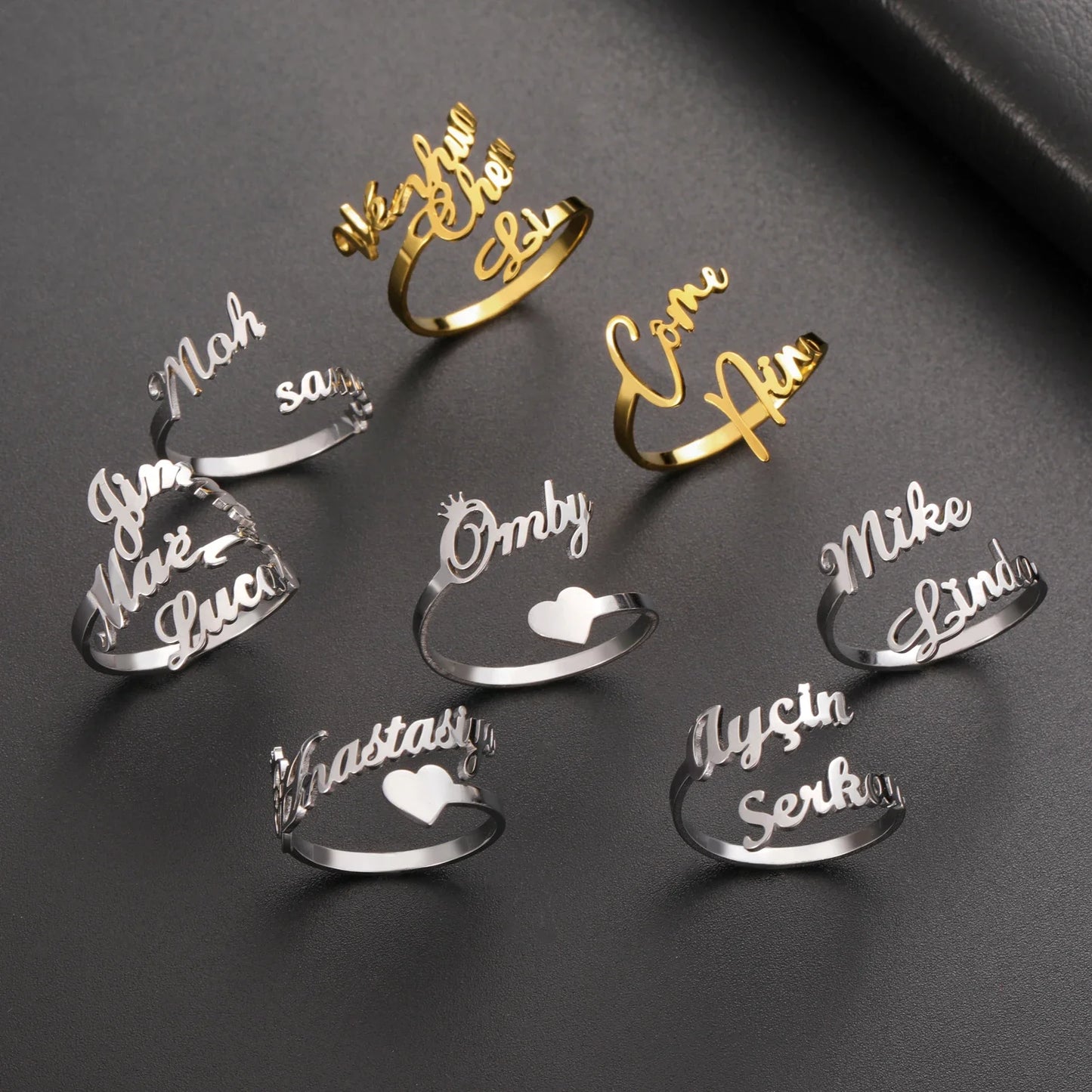 Custom Fishhook Double Name Finger Ring - Personalized Family & Couple Love Gift for Women & Men, Gold Stainless Steel Jewelry