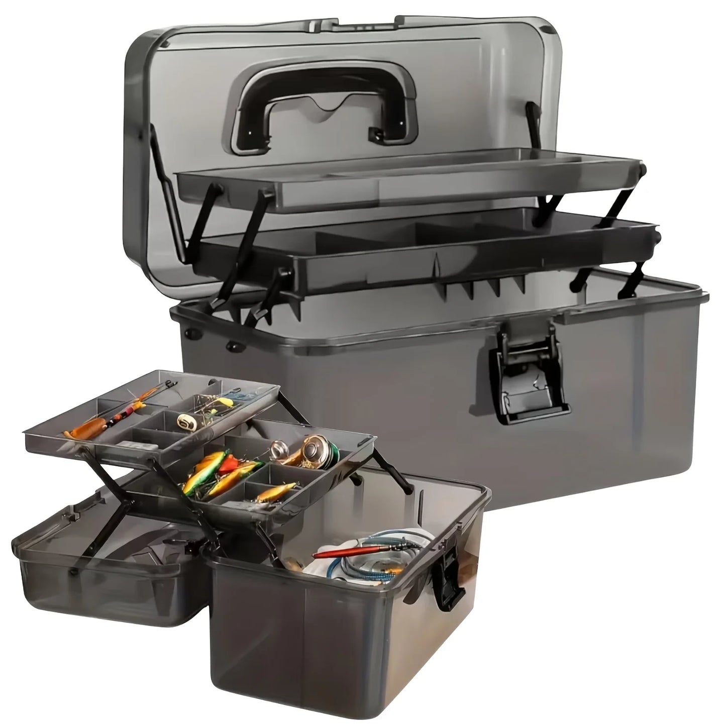Large Capacity Fishing Gear Storage Box - Durable Black Transparent PE Tackle Organizer with Safety Lock