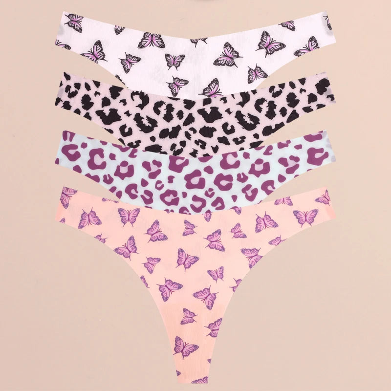 FINETOO 4Pcs Women’s Seamless Thong Underwear - Ultra Soft Leopard Print G-String Lingerie with Stretch Comfort Fit