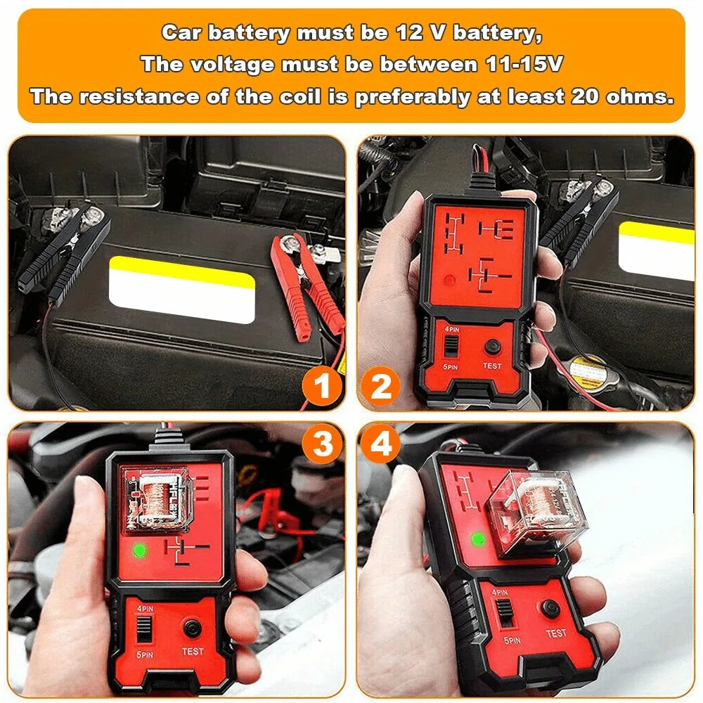 12V Automotive Relay Tester - Portable Car Relay Diagnostic Tool with Battery Clips