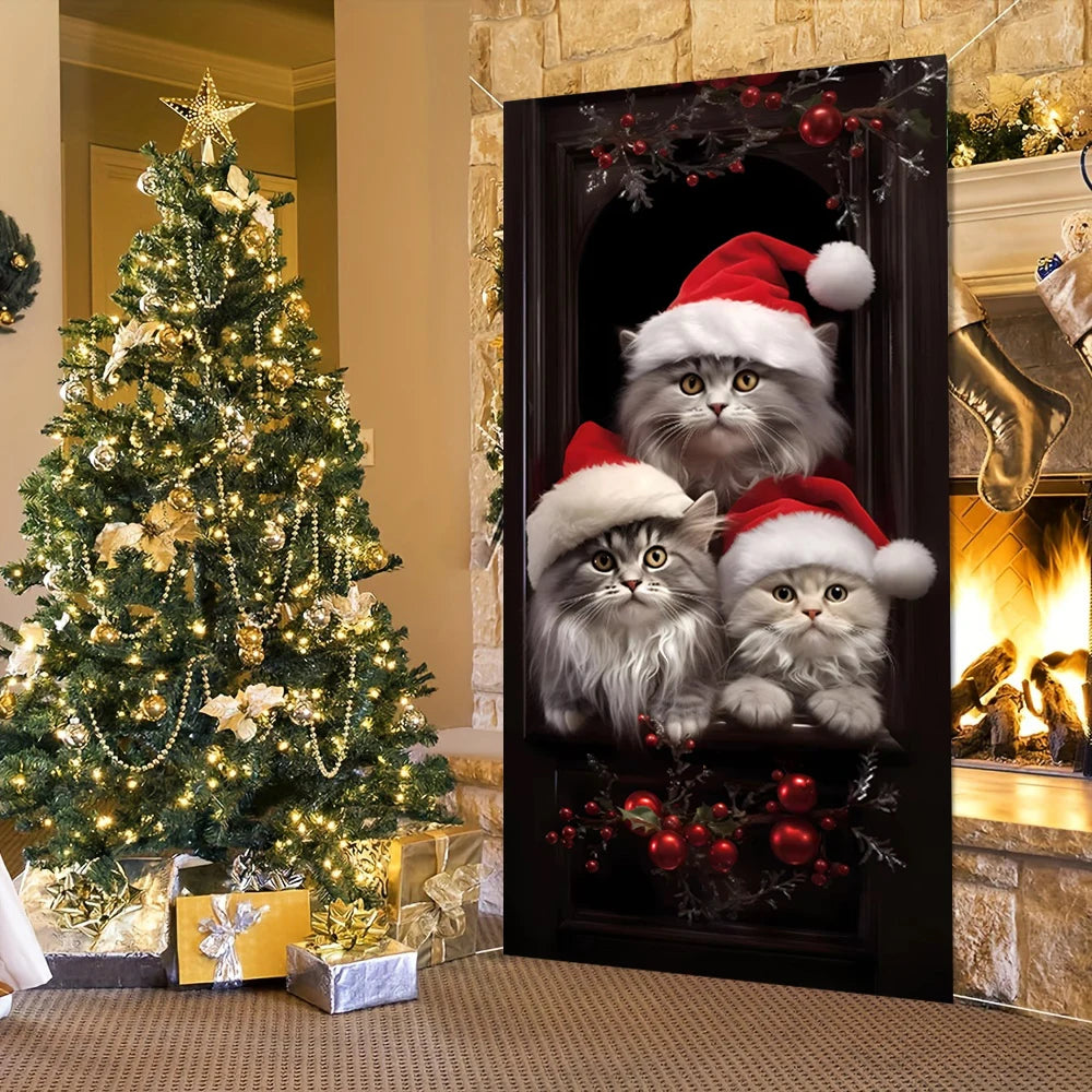 Cute Animals Christmas & New Year Door Cover – Dog, Cat, Snowman, Gingerbread Man Holiday Outdoor Winter Decoration Gift