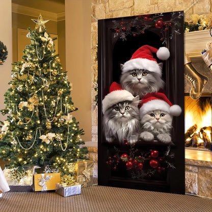 Cute Animals Christmas & New Year Door Cover – Dog, Cat, Snowman, Gingerbread Man Holiday Outdoor Winter Decoration Gift