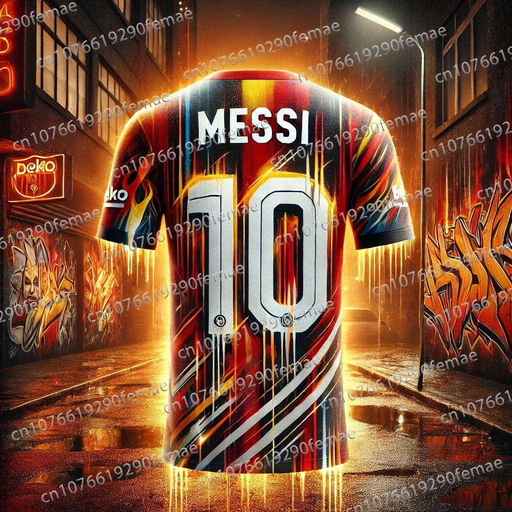 Men's Messi Pattern Printed Football Shirt – Breathable, Sweat-Wicking, Quick-Drying Sports T-Shirt