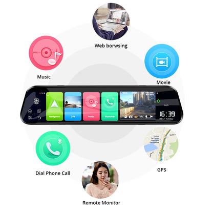E-ACE 10'' 4G Android Dash Cam – FHD 1080P Dual Lens Rearview Mirror DVR with ADAS & Streaming