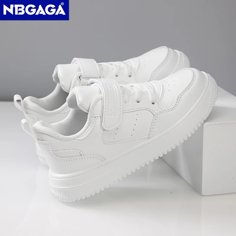 Children’s Black Leather Sneakers – Non-Slip Casual Flat Walking Shoes for Boys & Girls, Lightweight Student Sports Footwear
