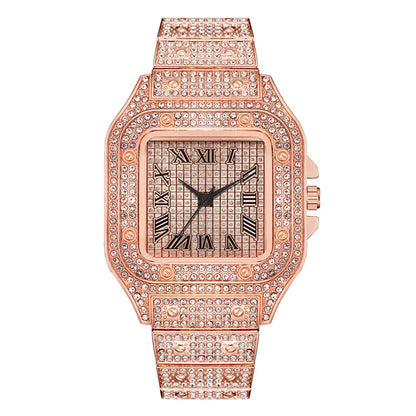 Luxury Men’s Square Quartz Watch - Steel Strap Roman Numeral Rhinestone Business Wristwatch for Casual Style