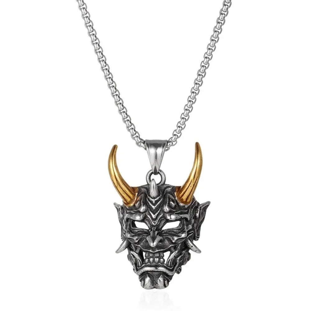 Vintage Punk Demon Mask Samurai Ghost Pendant Necklace — Unisex Long Chain Hip Hop Rock Jewelry, Party Gift Accessory