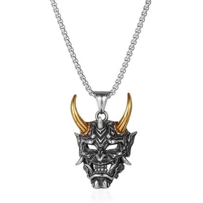 Vintage Punk Demon Mask Samurai Ghost Pendant Necklace — Unisex Long Chain Hip Hop Rock Jewelry, Party Gift Accessory