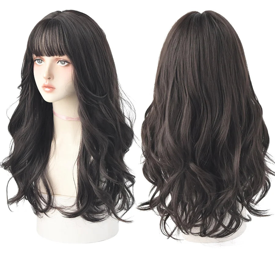 7JHH Brown Ash Long Deep Wave Lolita Wig for Women — Synthetic Hair with Bangs, Thick Curly Fashion Wig