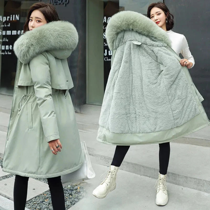 Women's Winter Hooded Parka - Long Padded Coat with Wool Lining & Fur Collar, 6XL