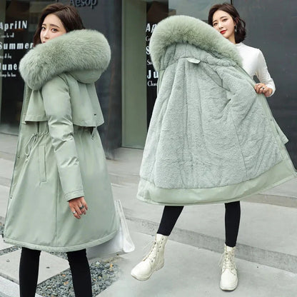 Women's Winter Hooded Parka - Long Padded Coat with Wool Lining & Fur Collar, 6XL
